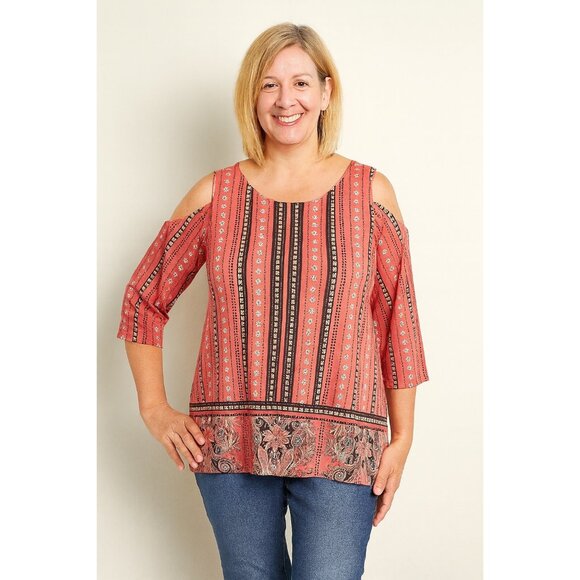 JM Collection Mixed Print Shoulder Crepe 3/4 sleeves  coral Top Size M - Picture 1 of 3